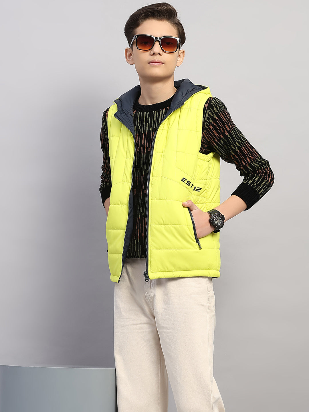 Boys Lime Green Printed Collar Sleeveless Reversible Jacket