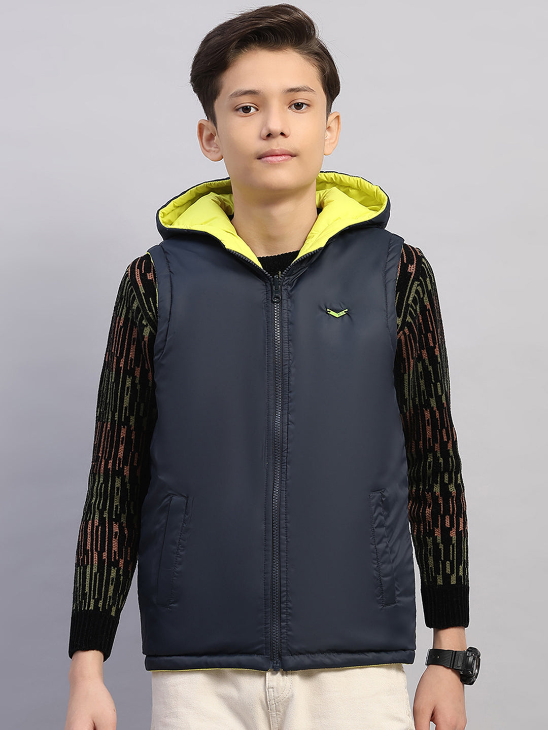 Boys Lime Green Printed Collar Sleeveless Reversible Jacket