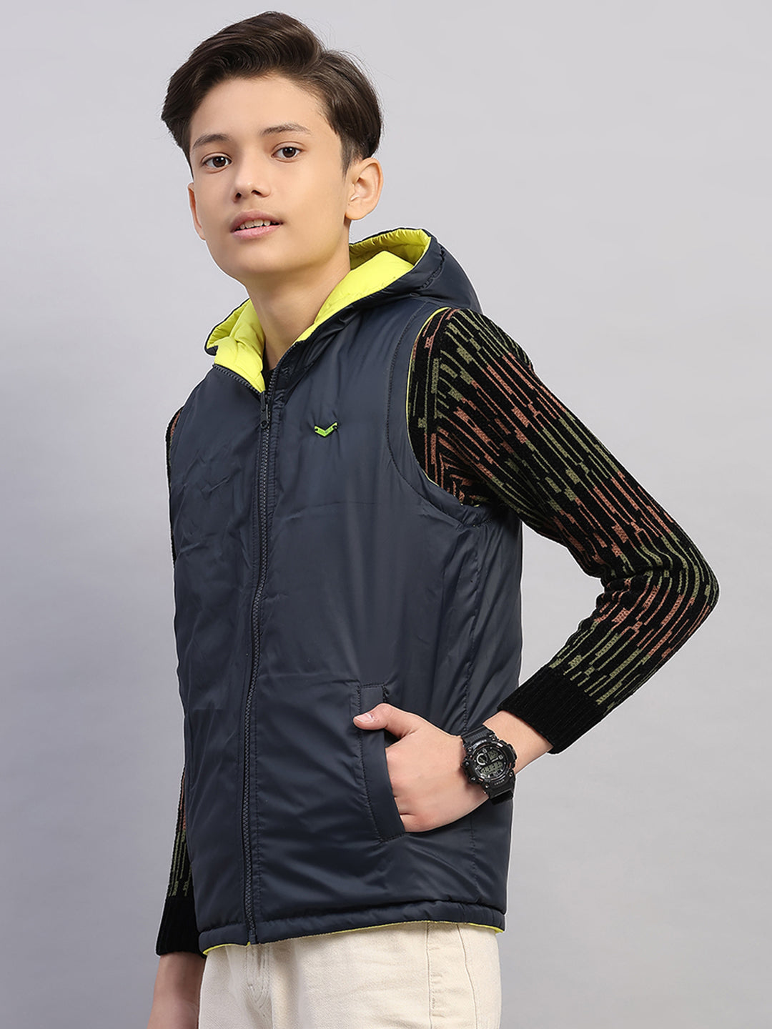 Boys Lime Green Printed Collar Sleeveless Reversible Jacket