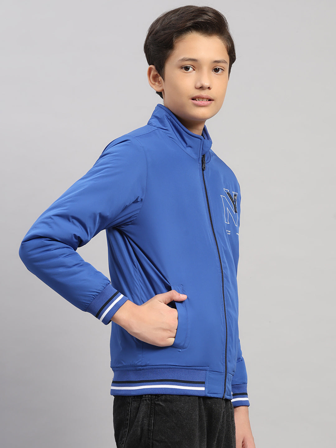 Boys Blue Solid Collar Full Sleeve Jacket