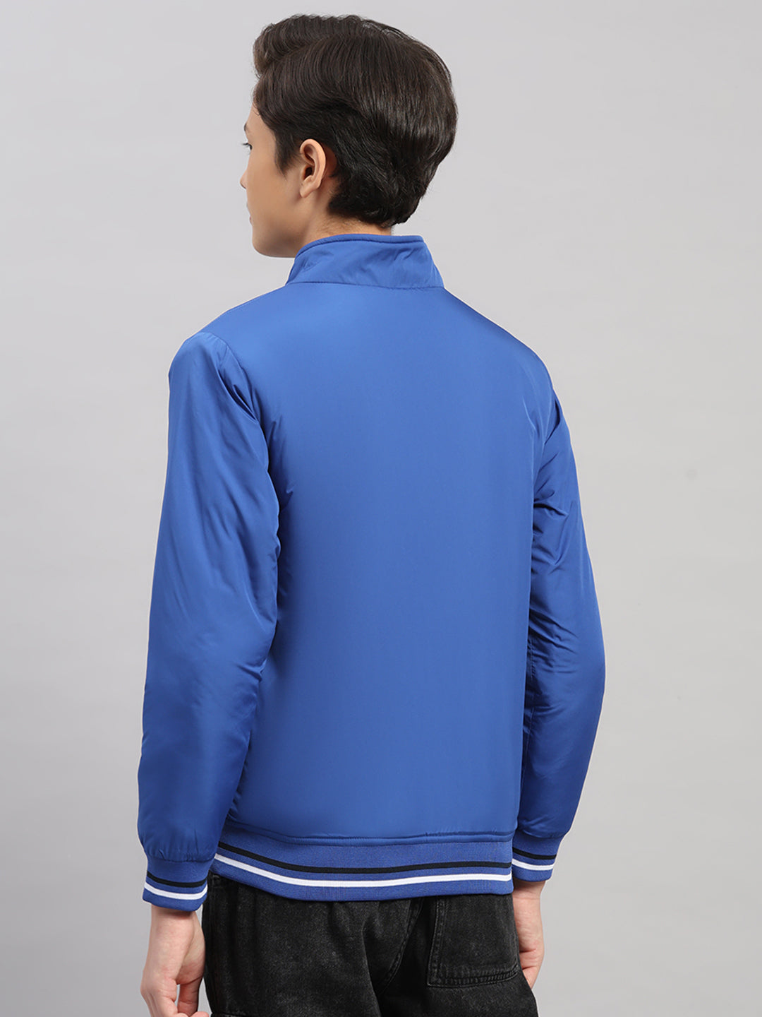 Boys Blue Solid Collar Full Sleeve Jacket