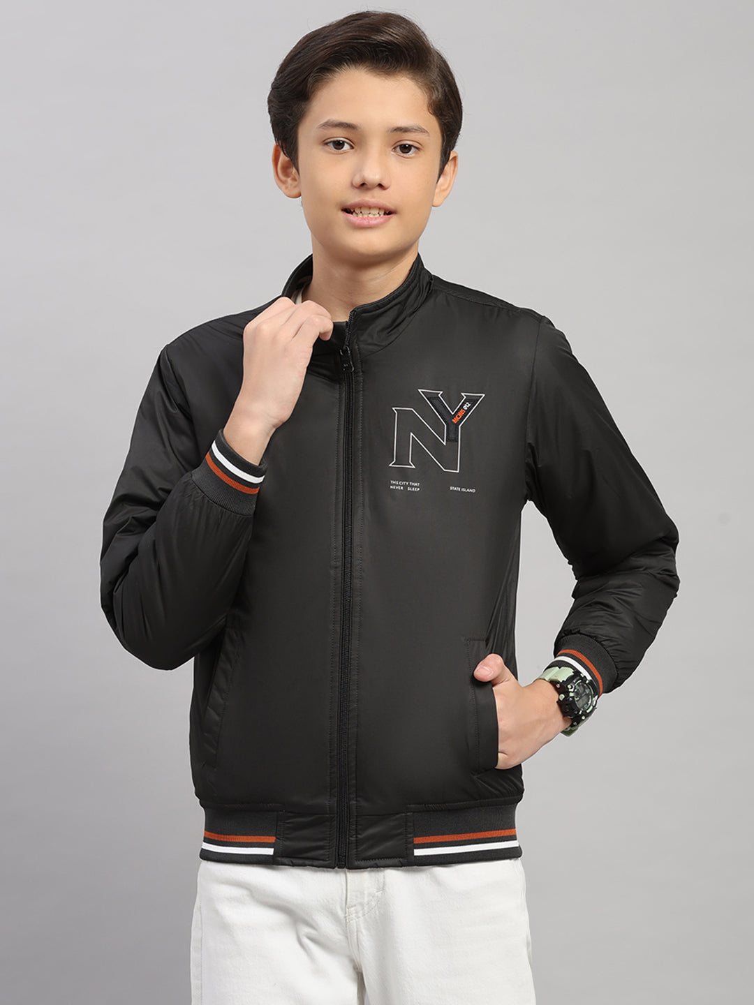 Boys Black Solid Collar Full Sleeve Jacket