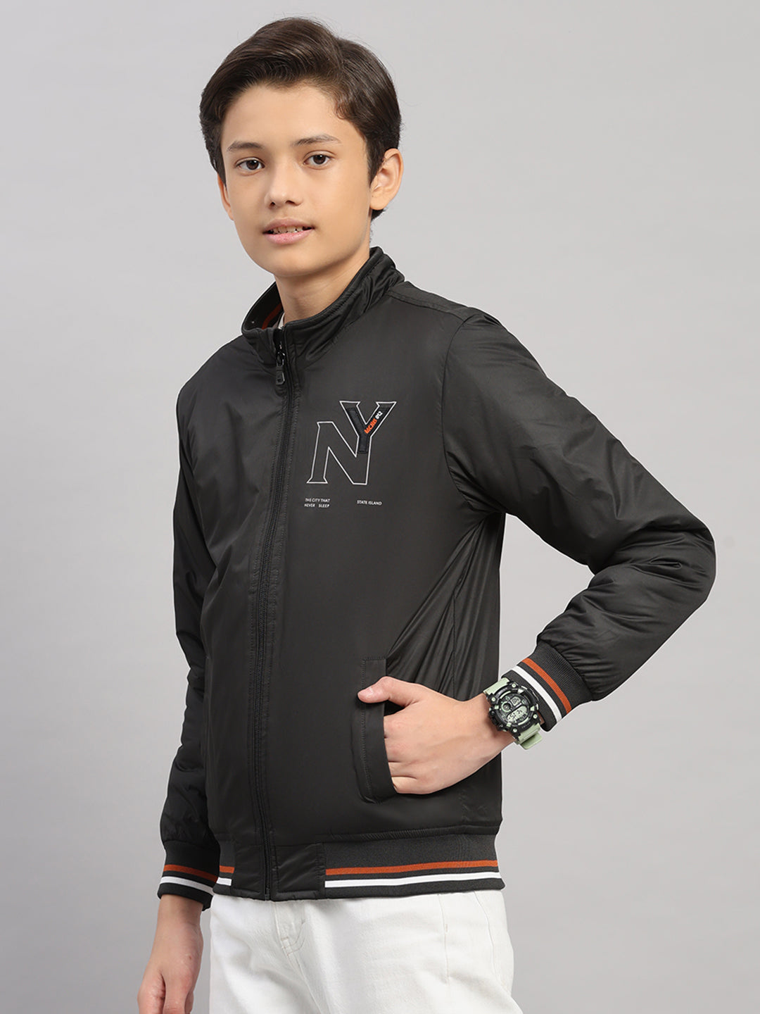 Boys Black Solid Collar Full Sleeve Jacket