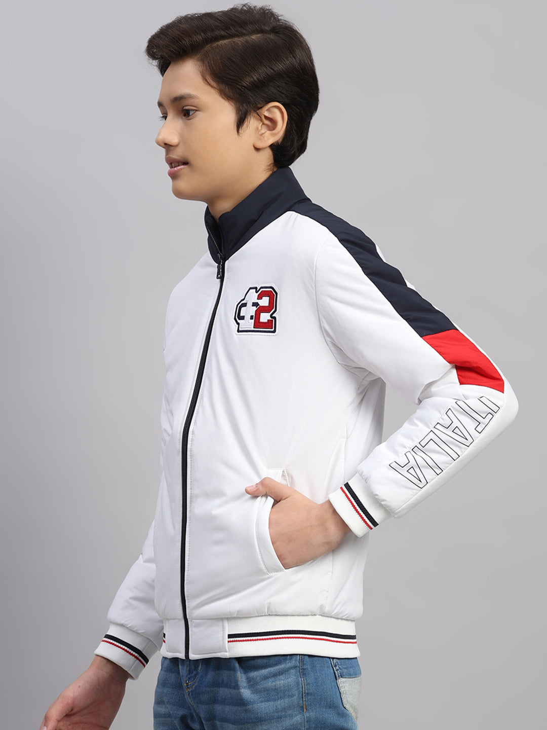 Boys White Embroidered Collar Full Sleeve Jacket