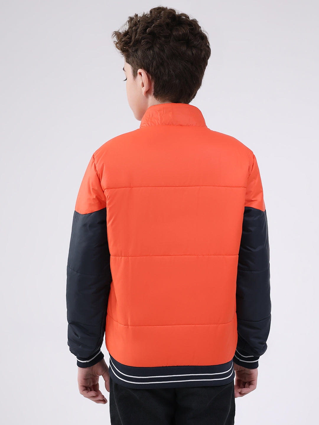 Boys Orange Printed Mock Neck Full Sleeve Jacket