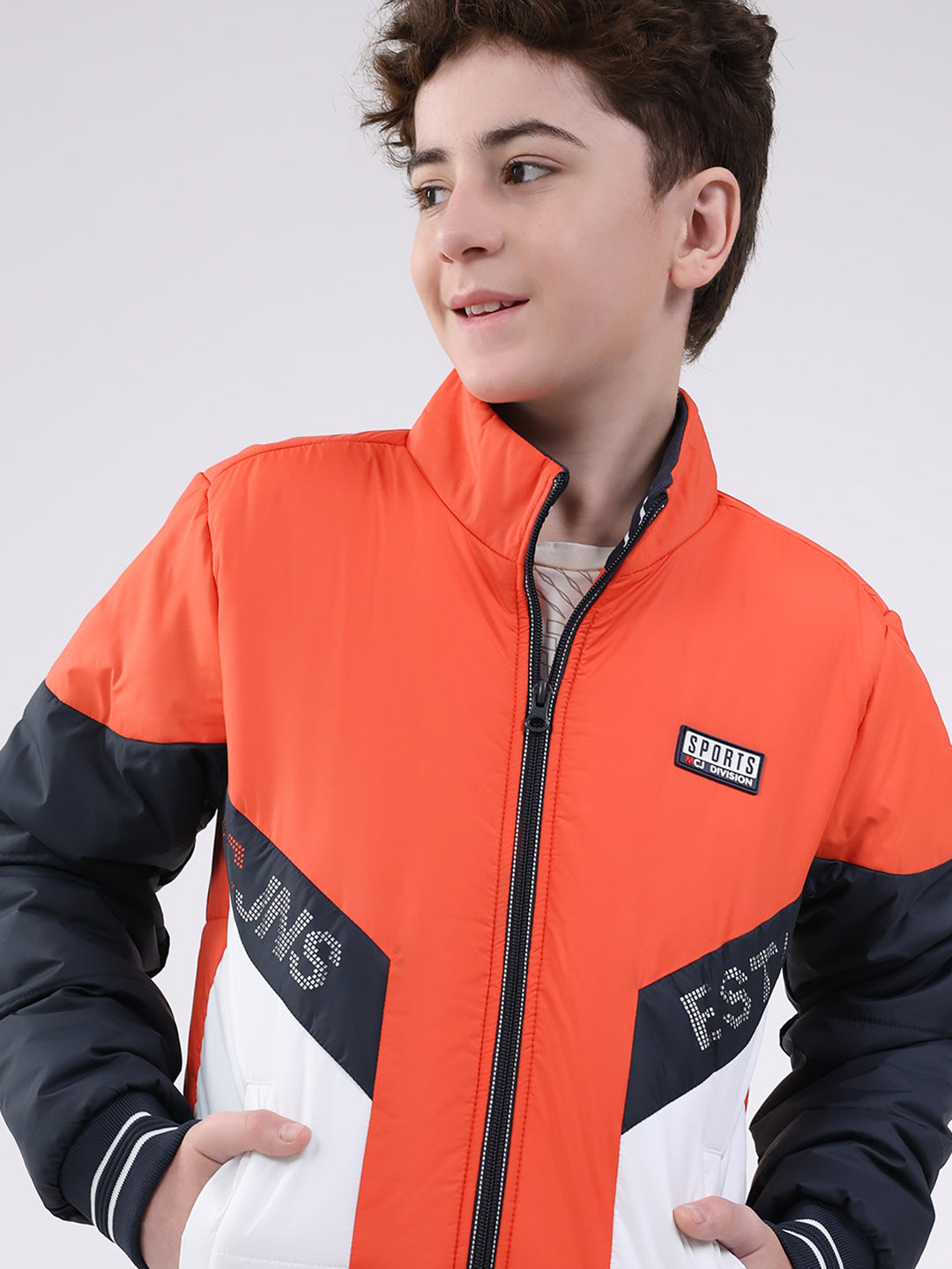 Boys Orange Printed Mock Neck Full Sleeve Jacket