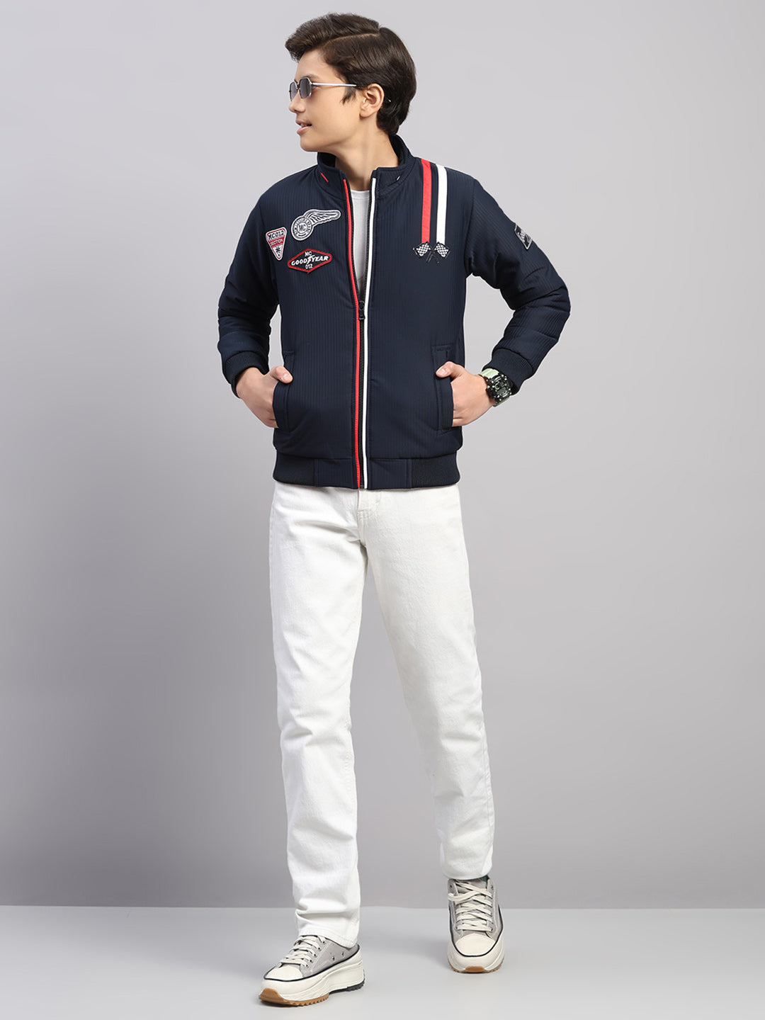 Boys Navy Blue Embroidered Collar Full Sleeve Jacket