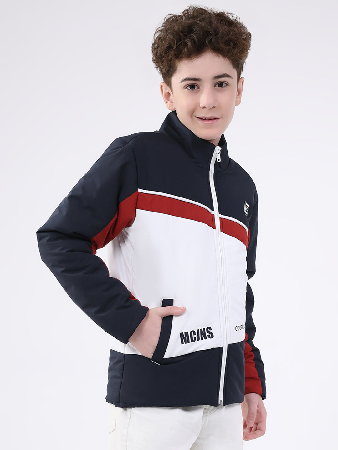 Boys Navy Blue Printed Mock Neck Full Sleeve Jacket