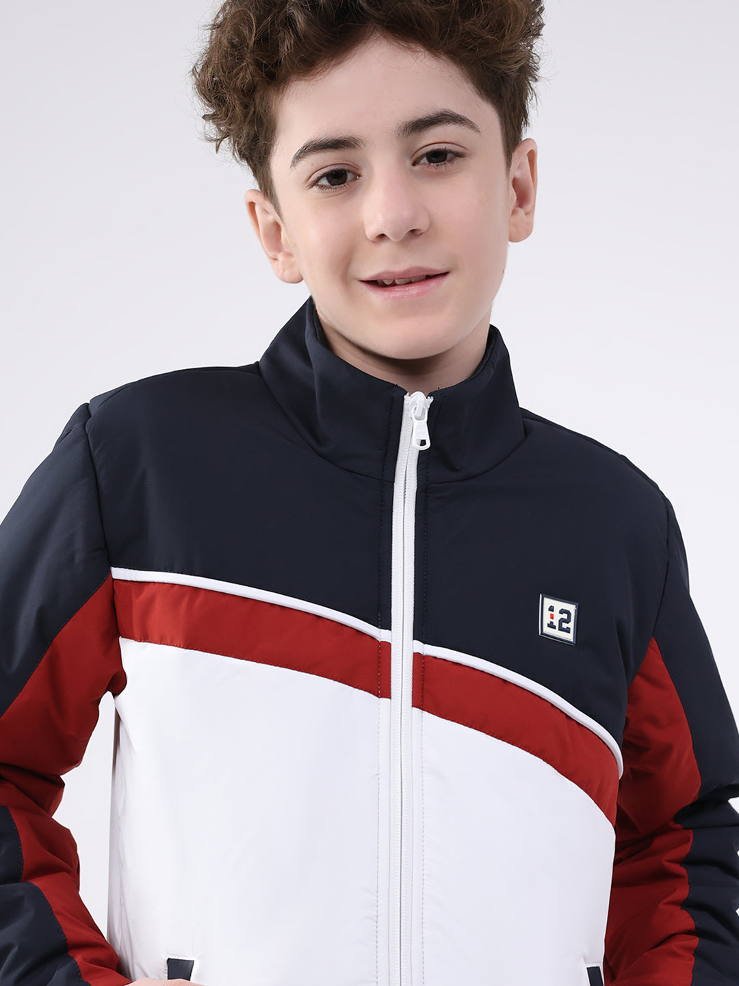 Boys Navy Blue Printed Mock Neck Full Sleeve Jacket