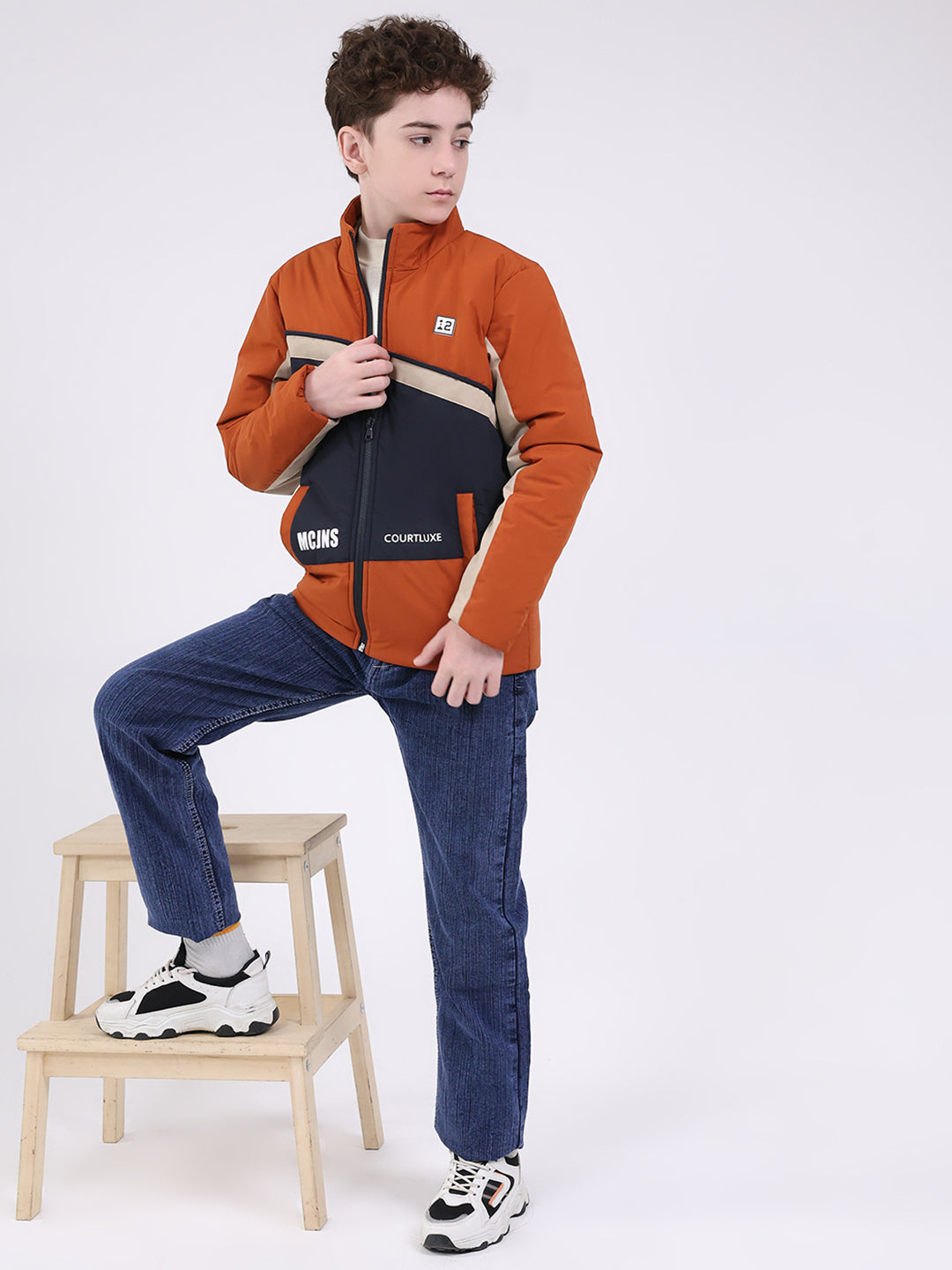 Boys Rust Printed Mock Neck Full Sleeve Jacket