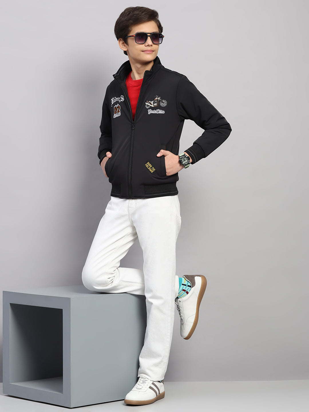 Boys Black Embroidered Collar Full Sleeve Jacket