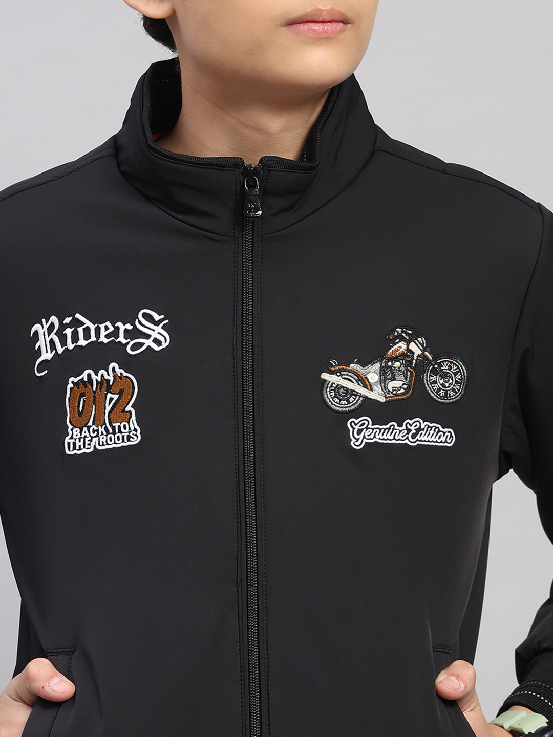 Boys Black Embroidered Collar Full Sleeve Jacket