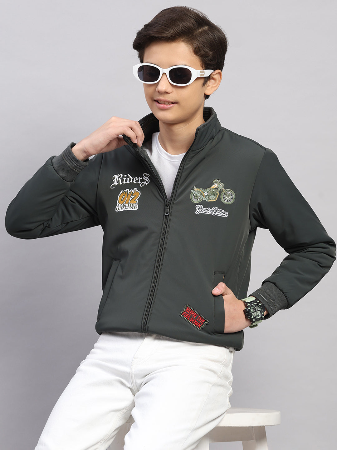 Boys Olive Embroidered Collar Full Sleeve Jacket