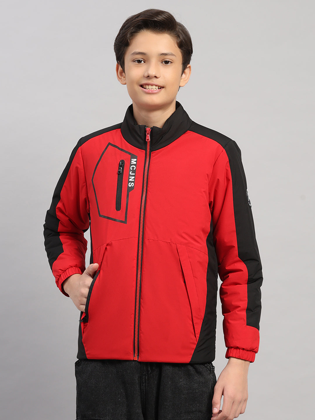Boys Red Printed Collar Full Sleeve Jacket