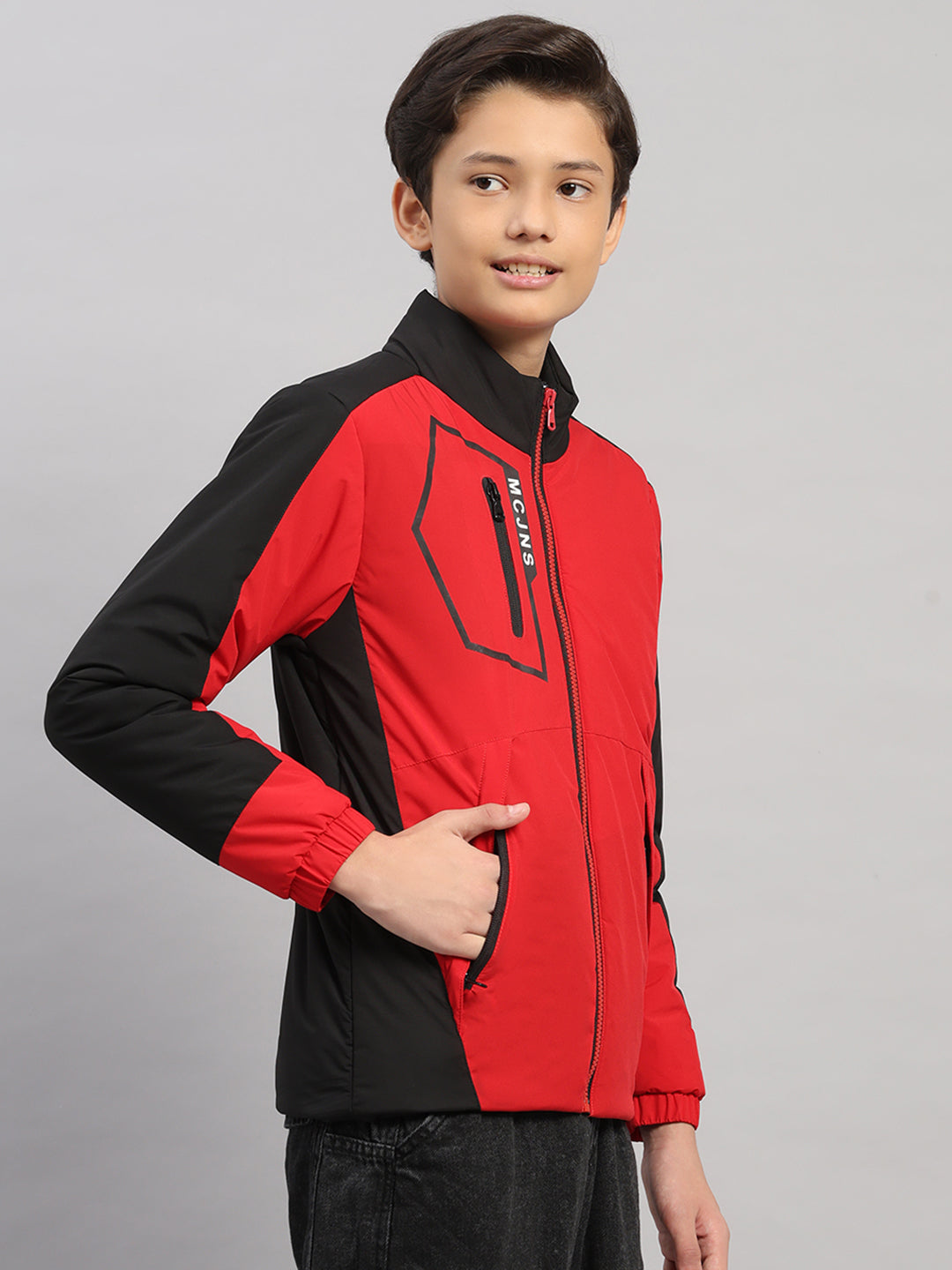 Boys Red Printed Collar Full Sleeve Jacket