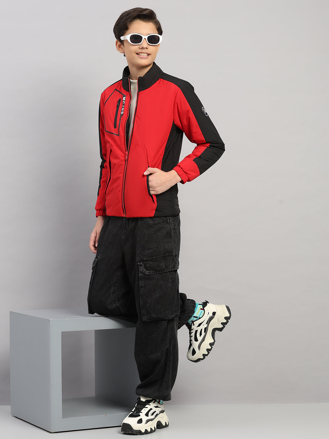 Boys Red Printed Collar Full Sleeve Jacket