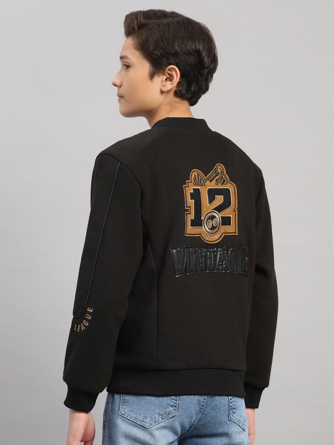 Boys Black Embroidered Collar Full Sleeve Jacket