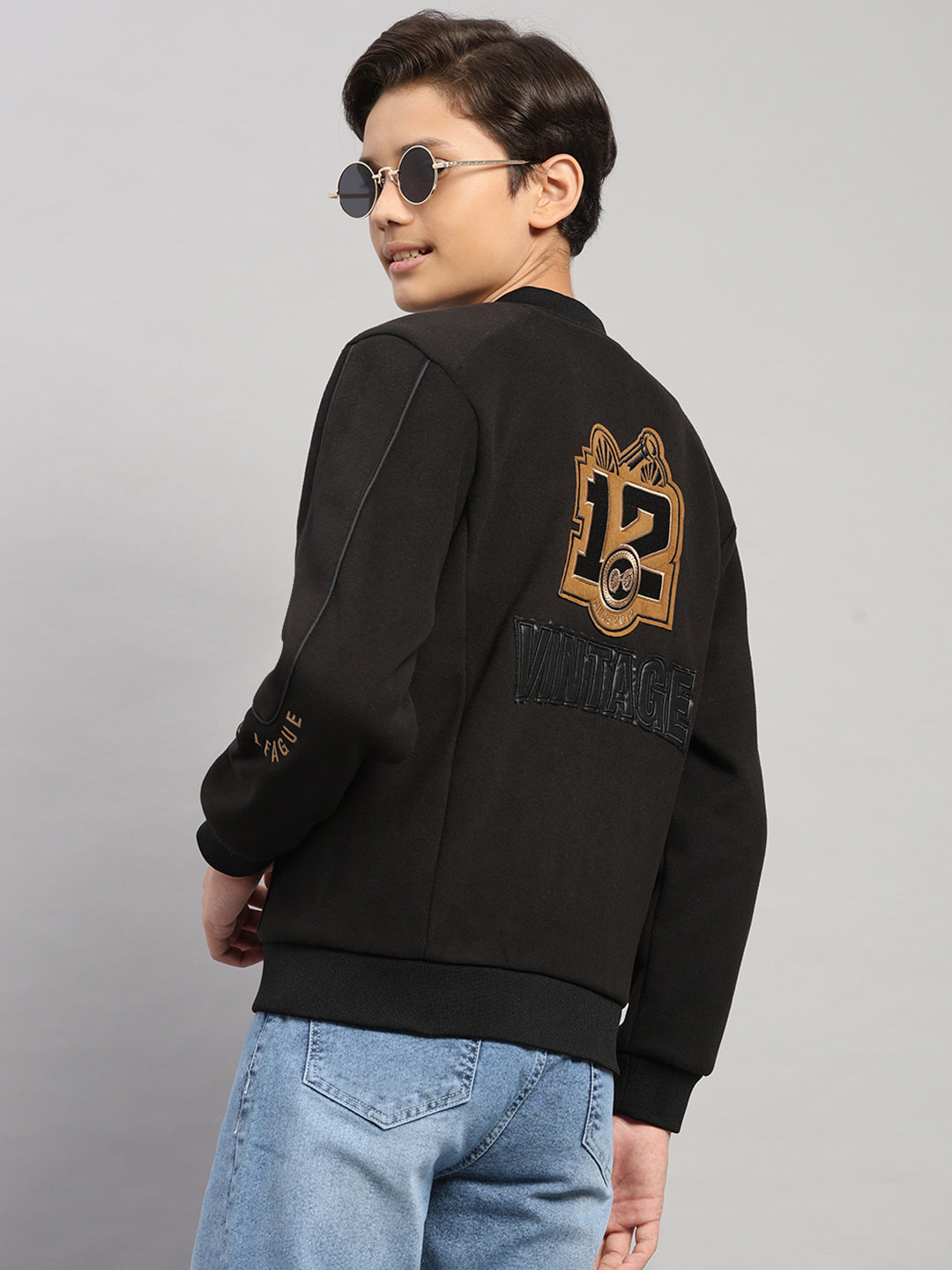 Boys Black Embroidered Collar Full Sleeve Jacket