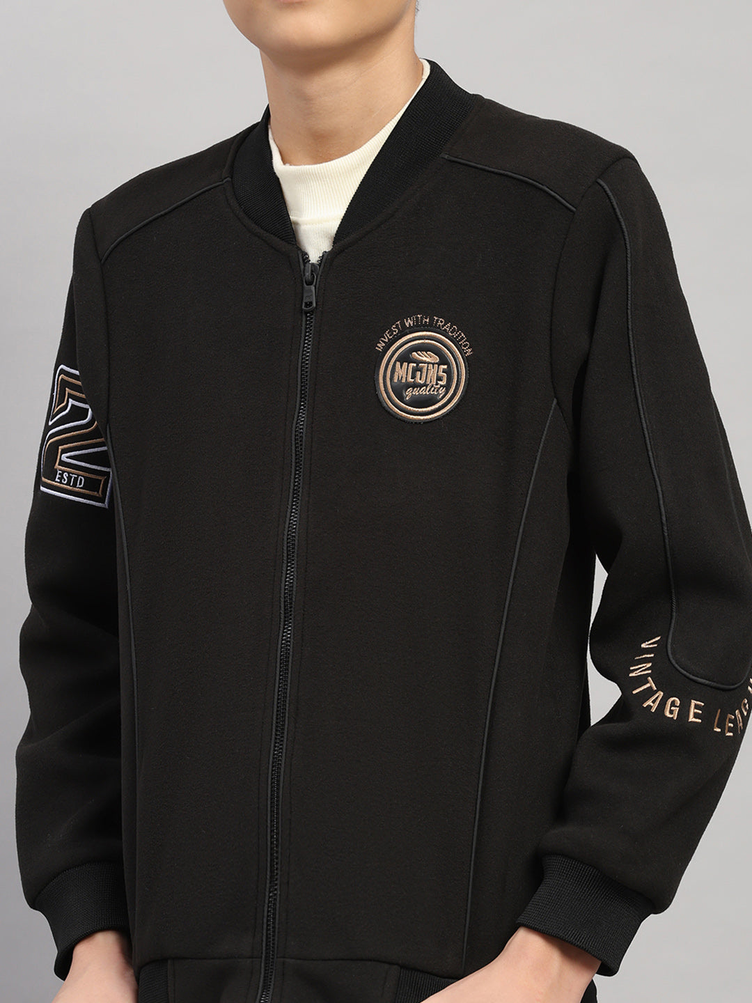 Boys Black Embroidered Collar Full Sleeve Jacket