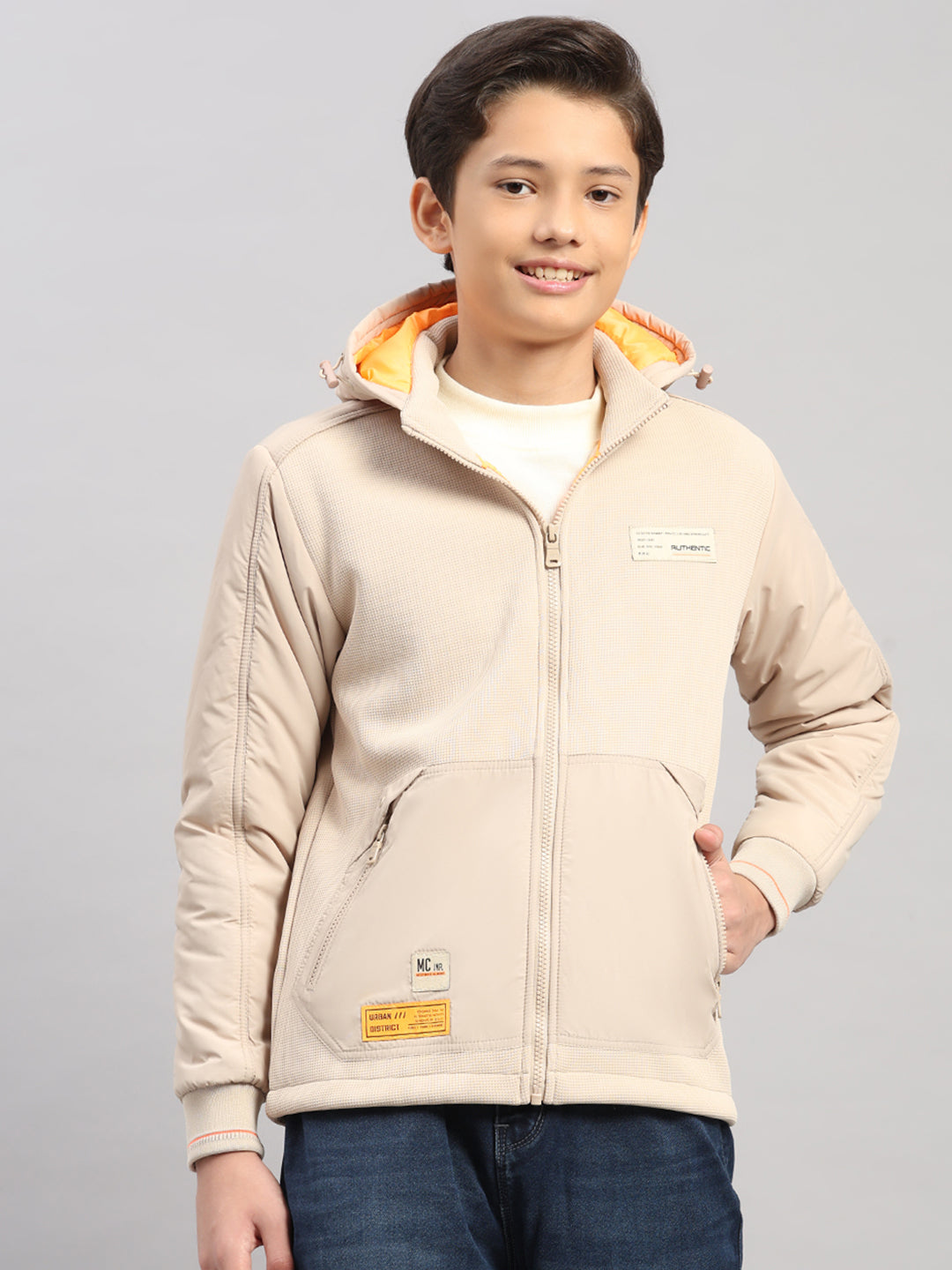 Boys Beige Solid Hooded Full Sleeve Jacket