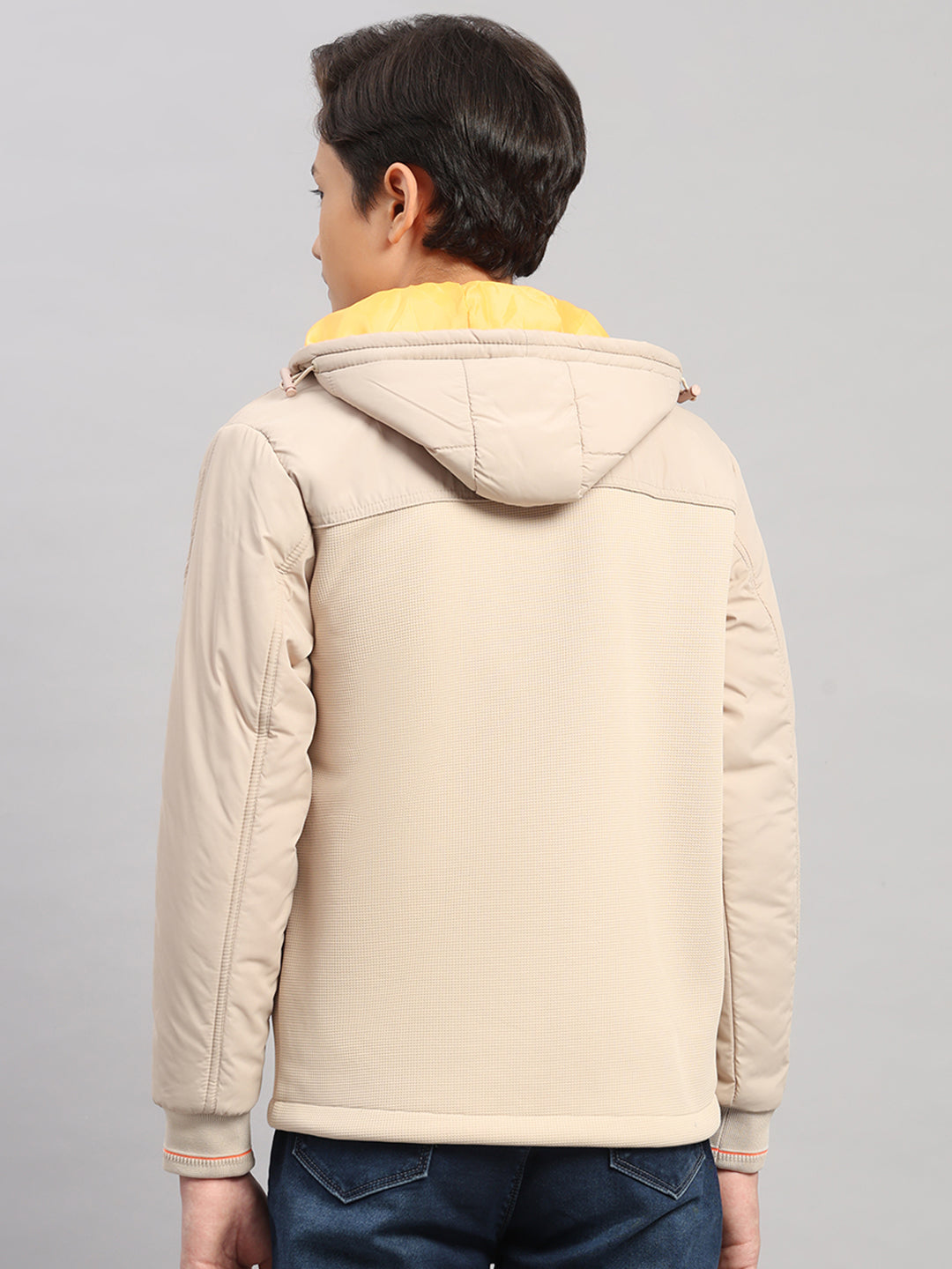Boys Beige Solid Hooded Full Sleeve Jacket
