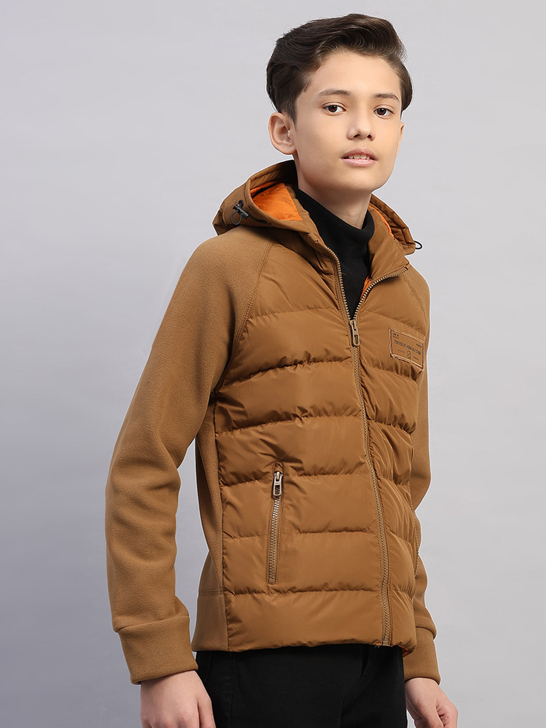 Boys Brown Solid Hooded Full Sleeve Jacket