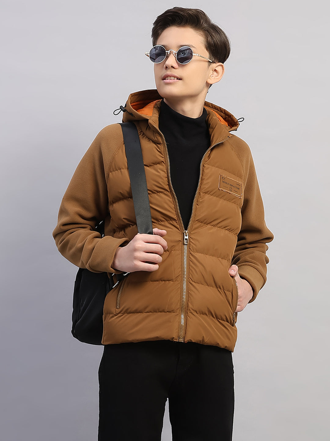 Boys Brown Solid Hooded Full Sleeve Jacket
