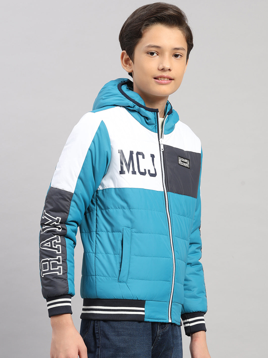 Boys Teal Blue Printed Hooded Full Sleeve Jacket