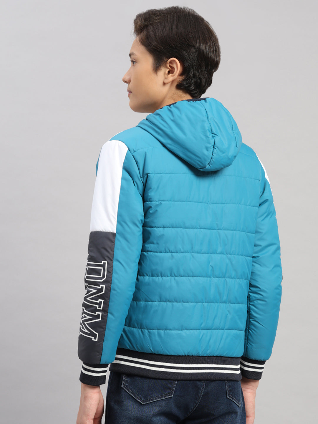 Boys Teal Blue Printed Hooded Full Sleeve Jacket