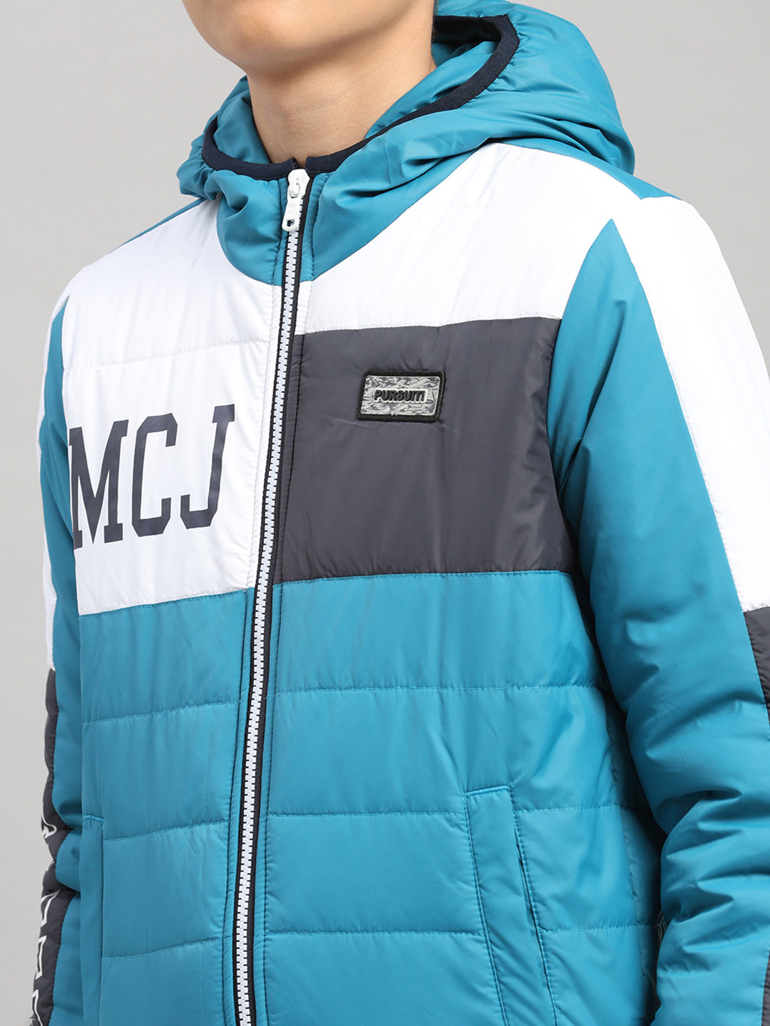 Boys Teal Blue Printed Hooded Full Sleeve Jacket
