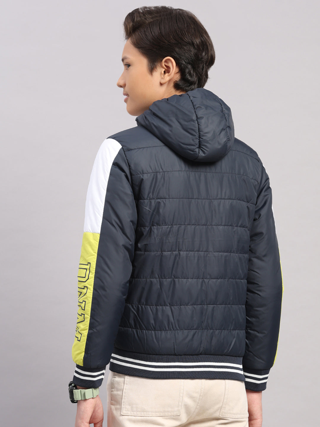 Boys Navy Blue Printed Hooded Full Sleeve Jacket