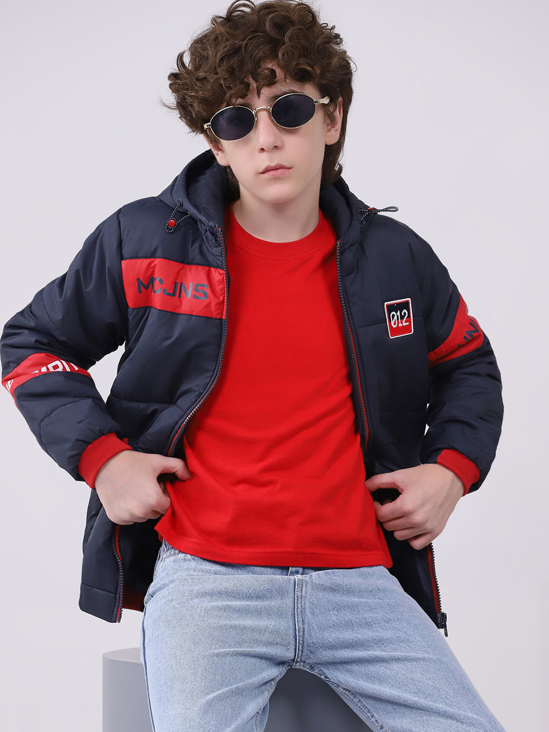 Boys Navy Blue Printed Hooded Full Sleeve Boys Jacket