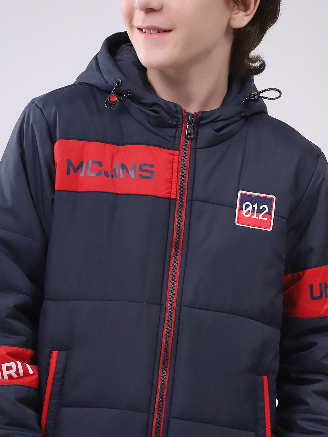 Boys Navy Blue Printed Hooded Full Sleeve Boys Jacket