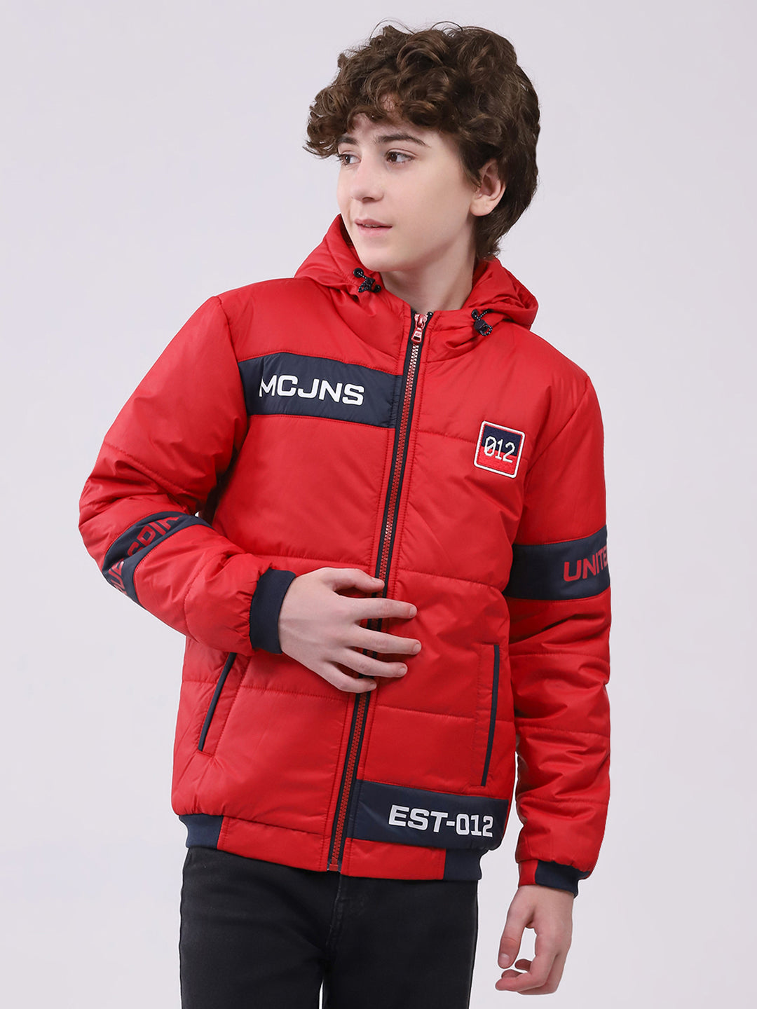 Boys Red Printed Hooded Full Sleeve Boys Jacket