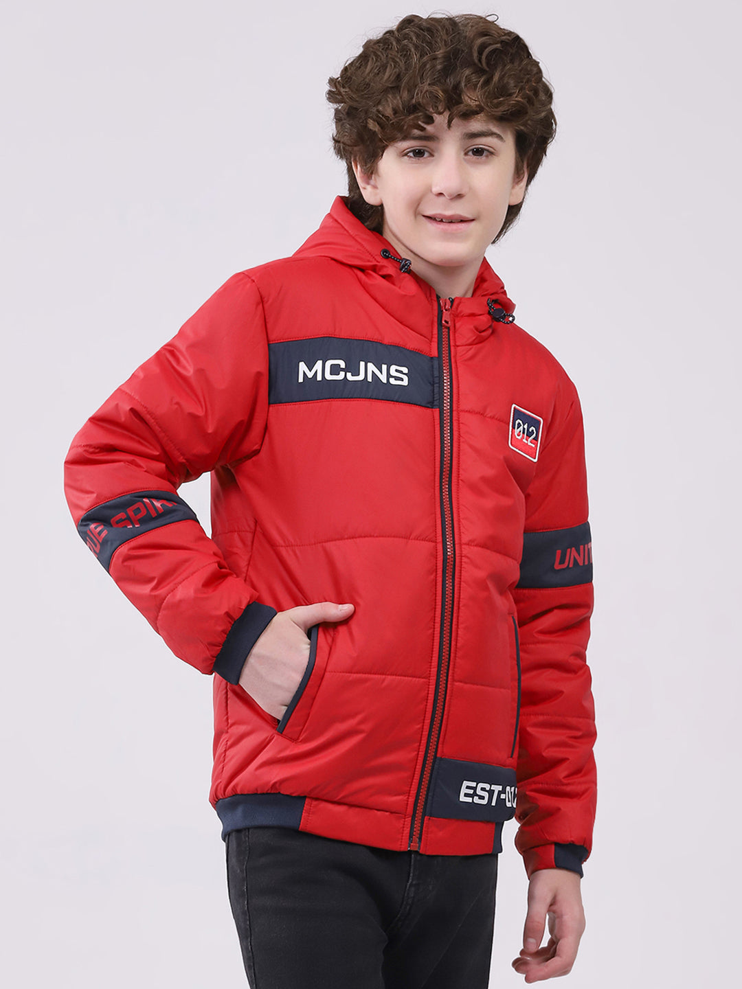Boys Red Printed Hooded Full Sleeve Boys Jacket