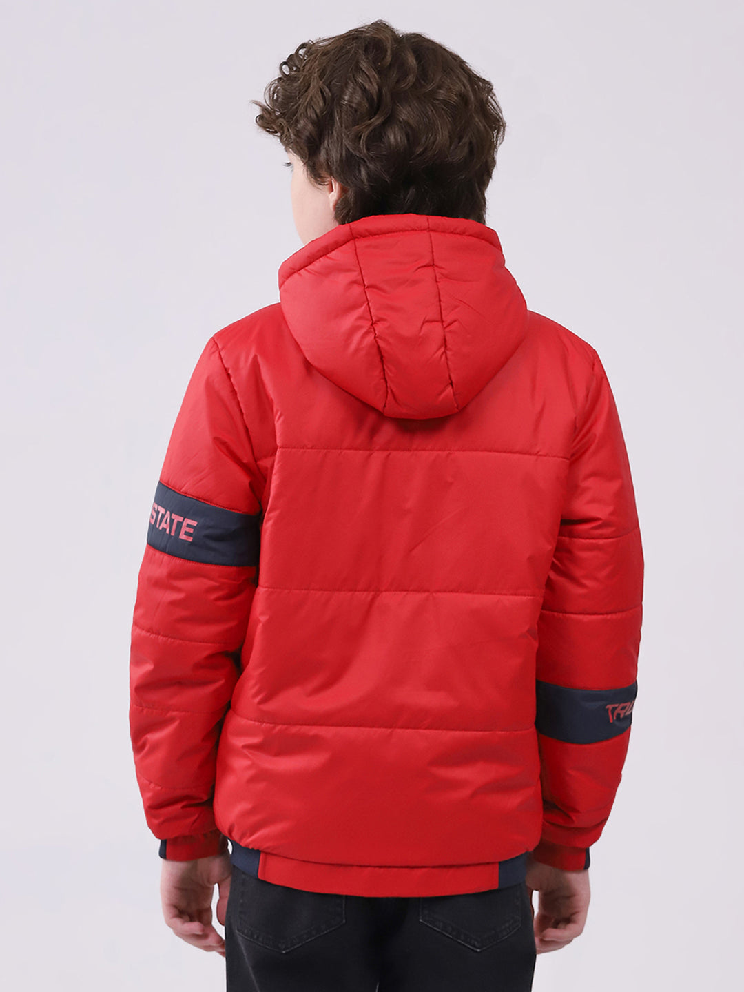 Boys Red Printed Hooded Full Sleeve Boys Jacket