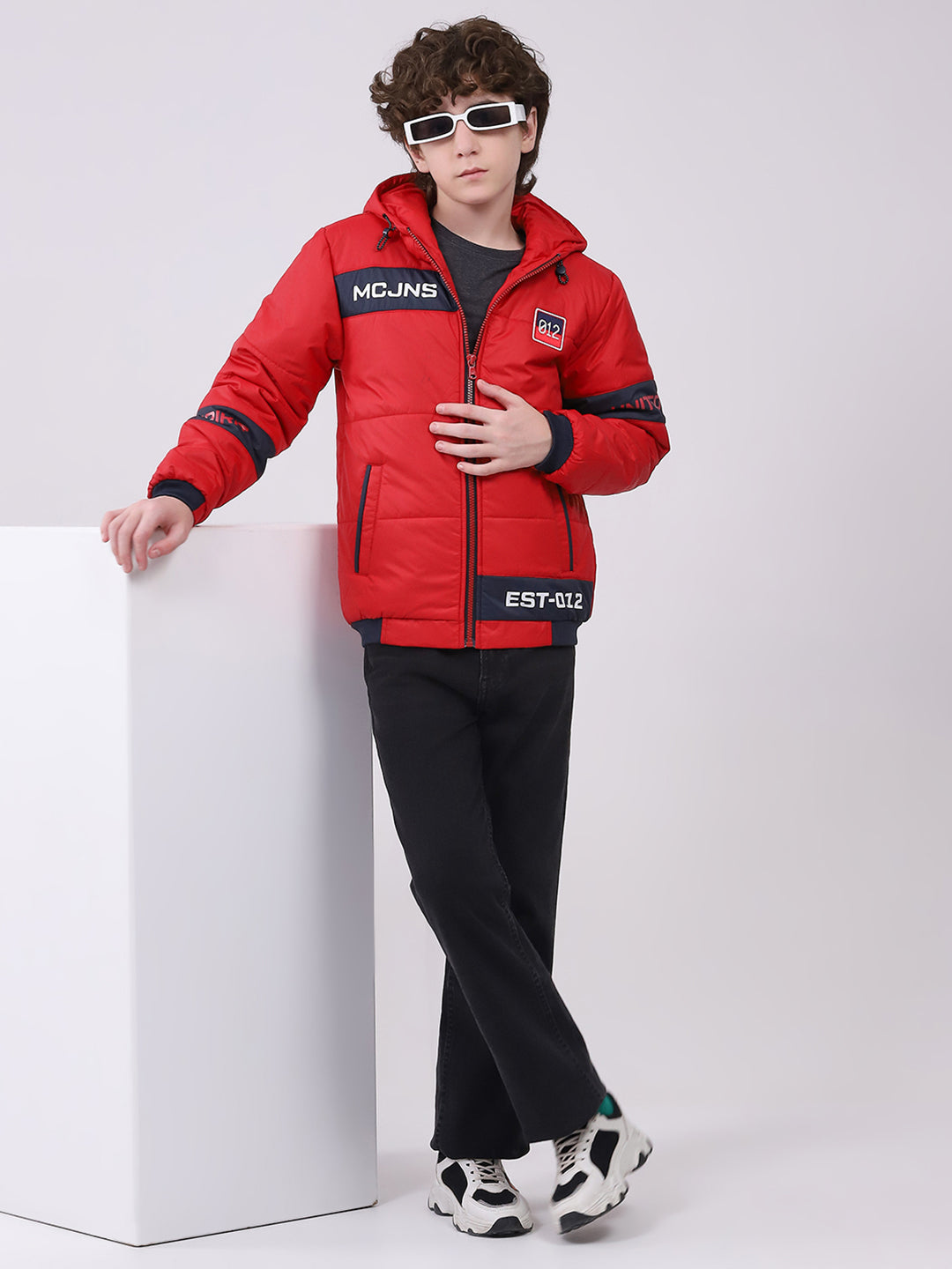 Boys Red Printed Hooded Full Sleeve Boys Jacket