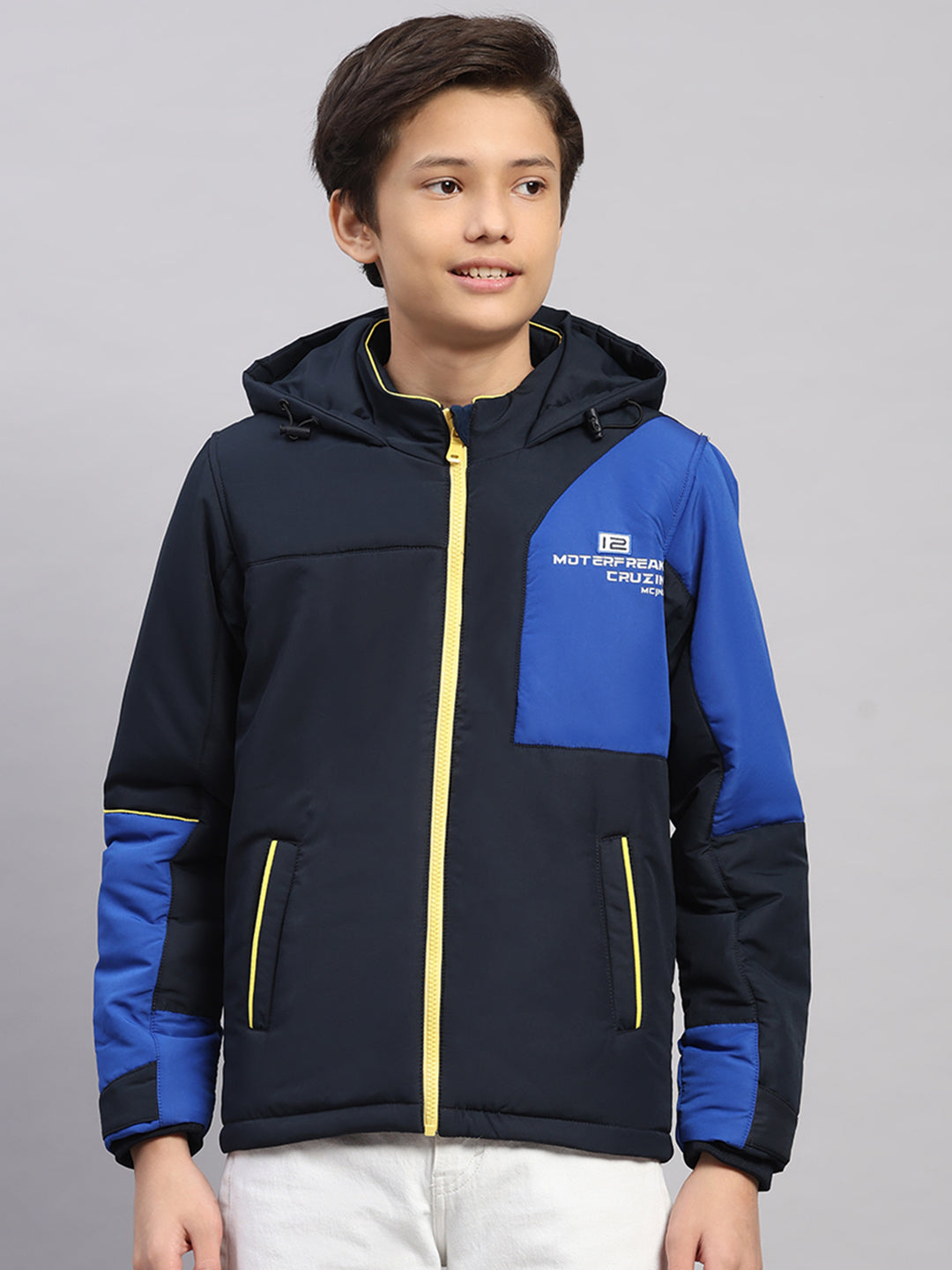 Boys Navy Blue Printed Hooded Full Sleeve Jacket