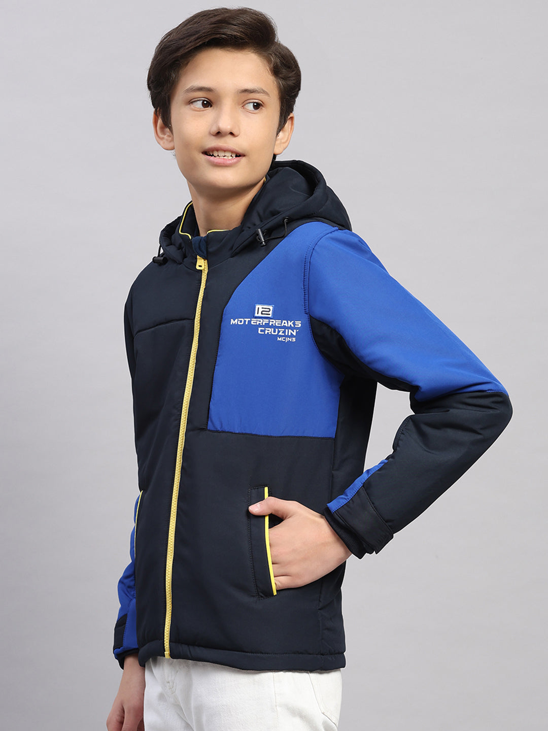 Boys Navy Blue Printed Hooded Full Sleeve Jacket
