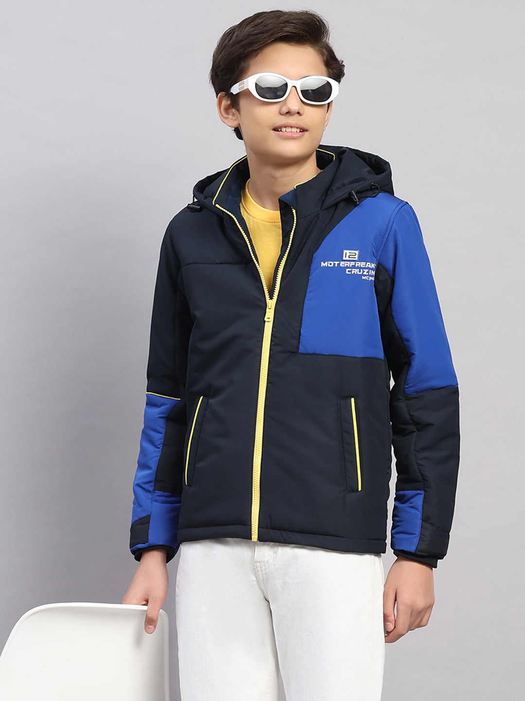 Boys Navy Blue Printed Hooded Full Sleeve Jacket