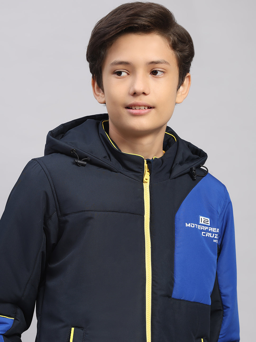 Boys Navy Blue Printed Hooded Full Sleeve Jacket