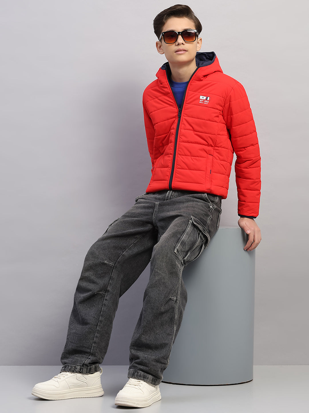 Boys Red Printed Hooded Full Sleeve Jacket