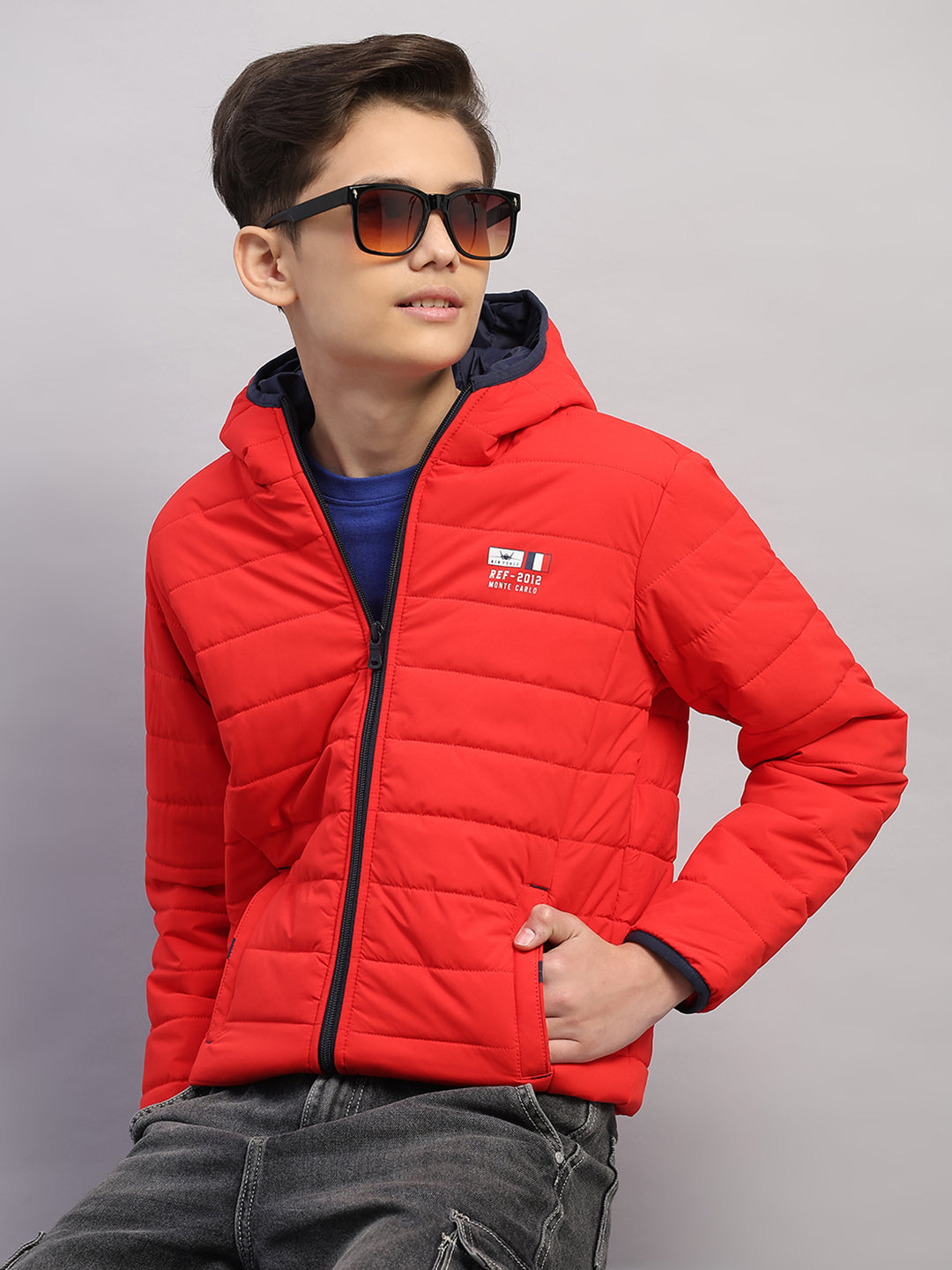 Boys Red Printed Hooded Full Sleeve Jacket