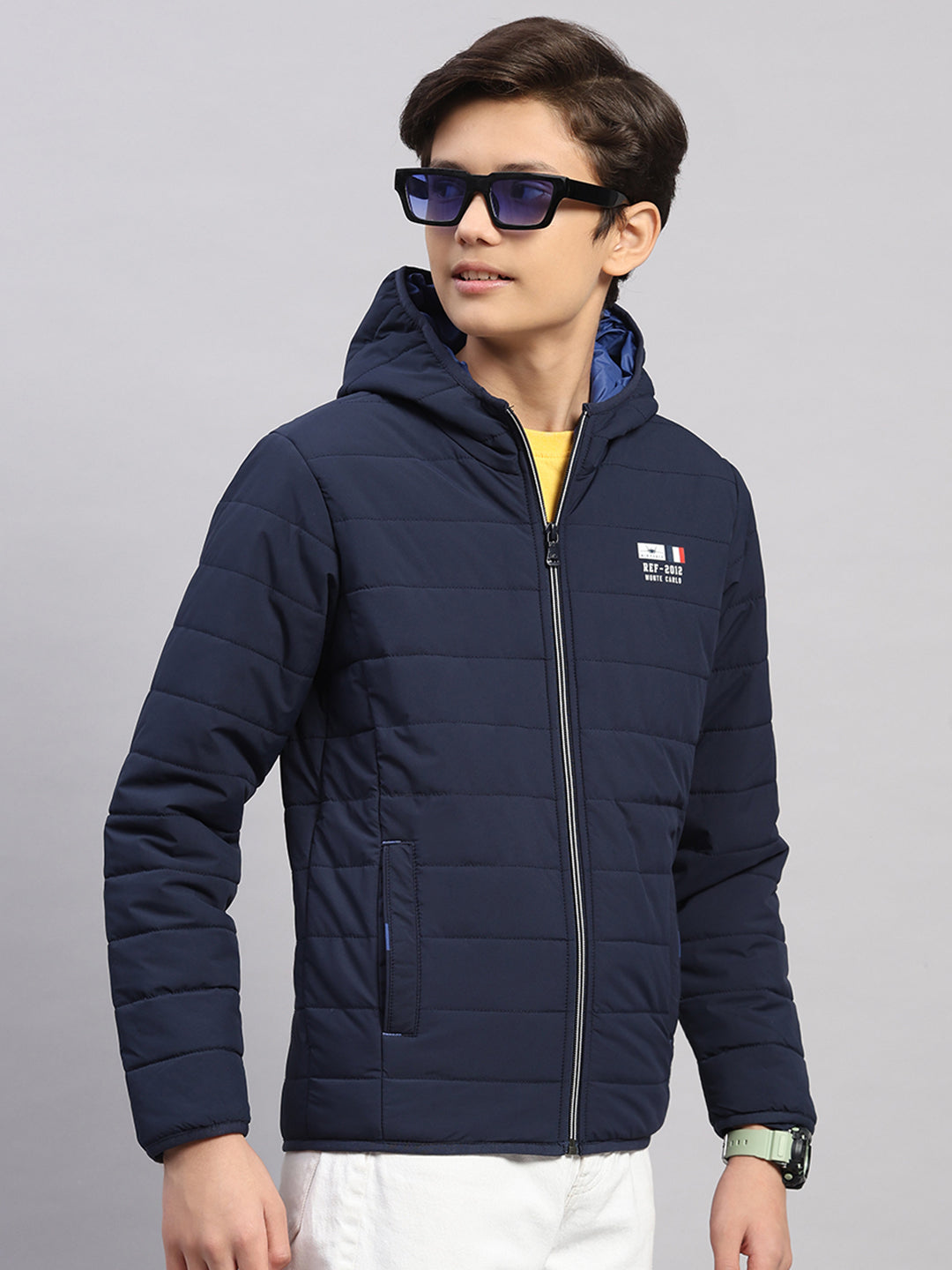 Boys Navy Blue Printed Hooded Full Sleeve Jacket