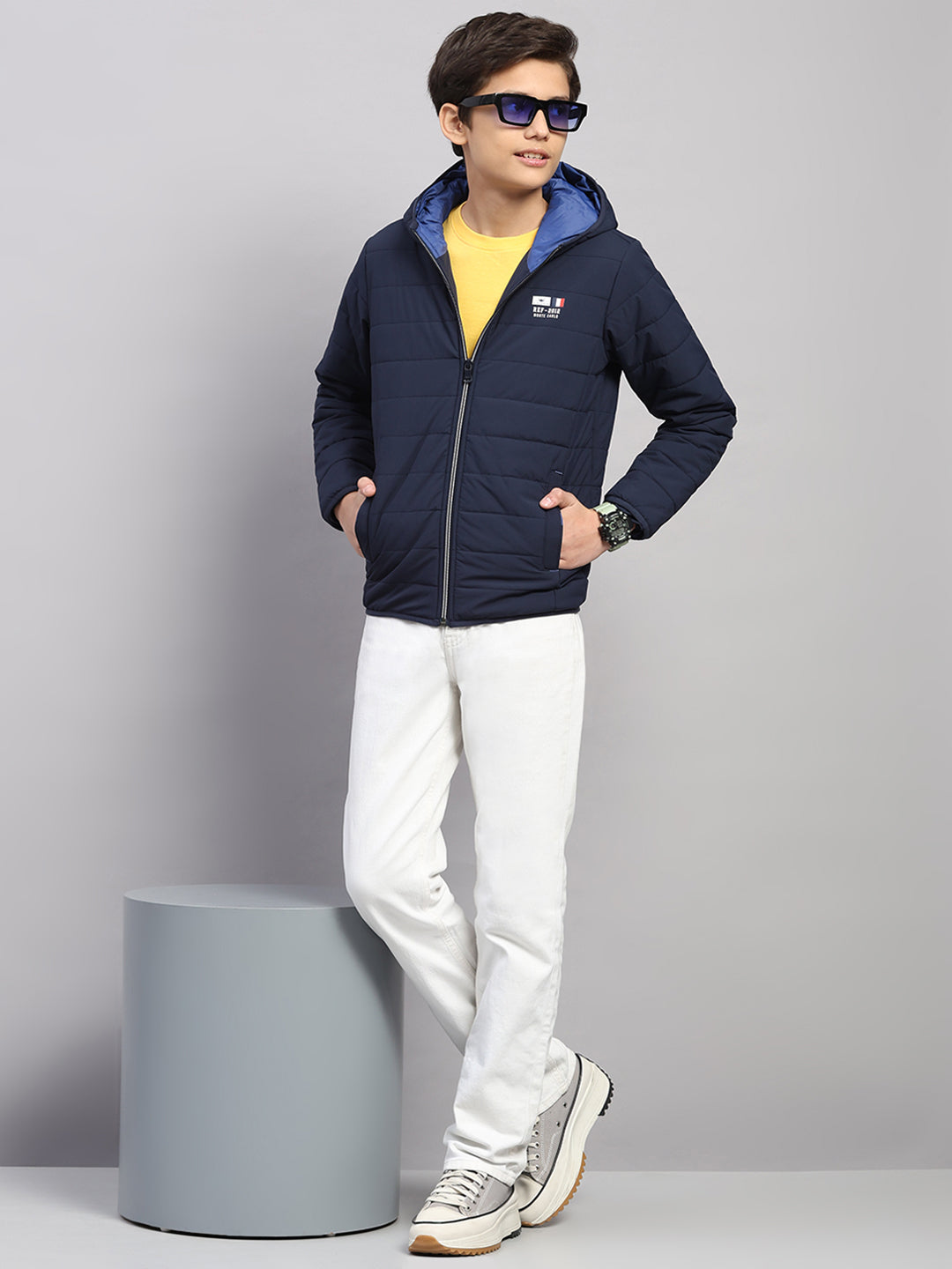 Boys Navy Blue Printed Hooded Full Sleeve Jacket