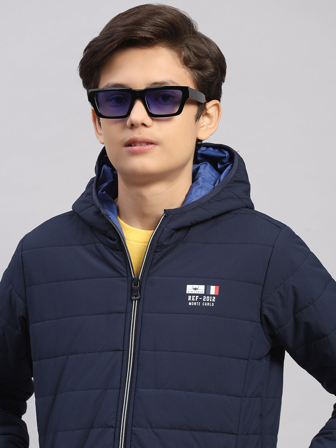 Boys Navy Blue Printed Hooded Full Sleeve Jacket