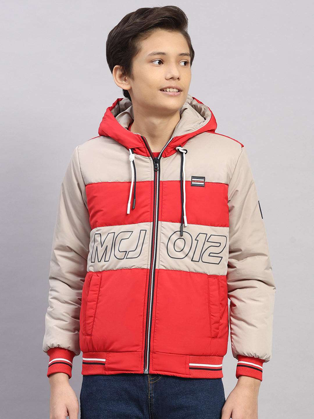 Boys Red Printed Hooded Full Sleeve Jacket