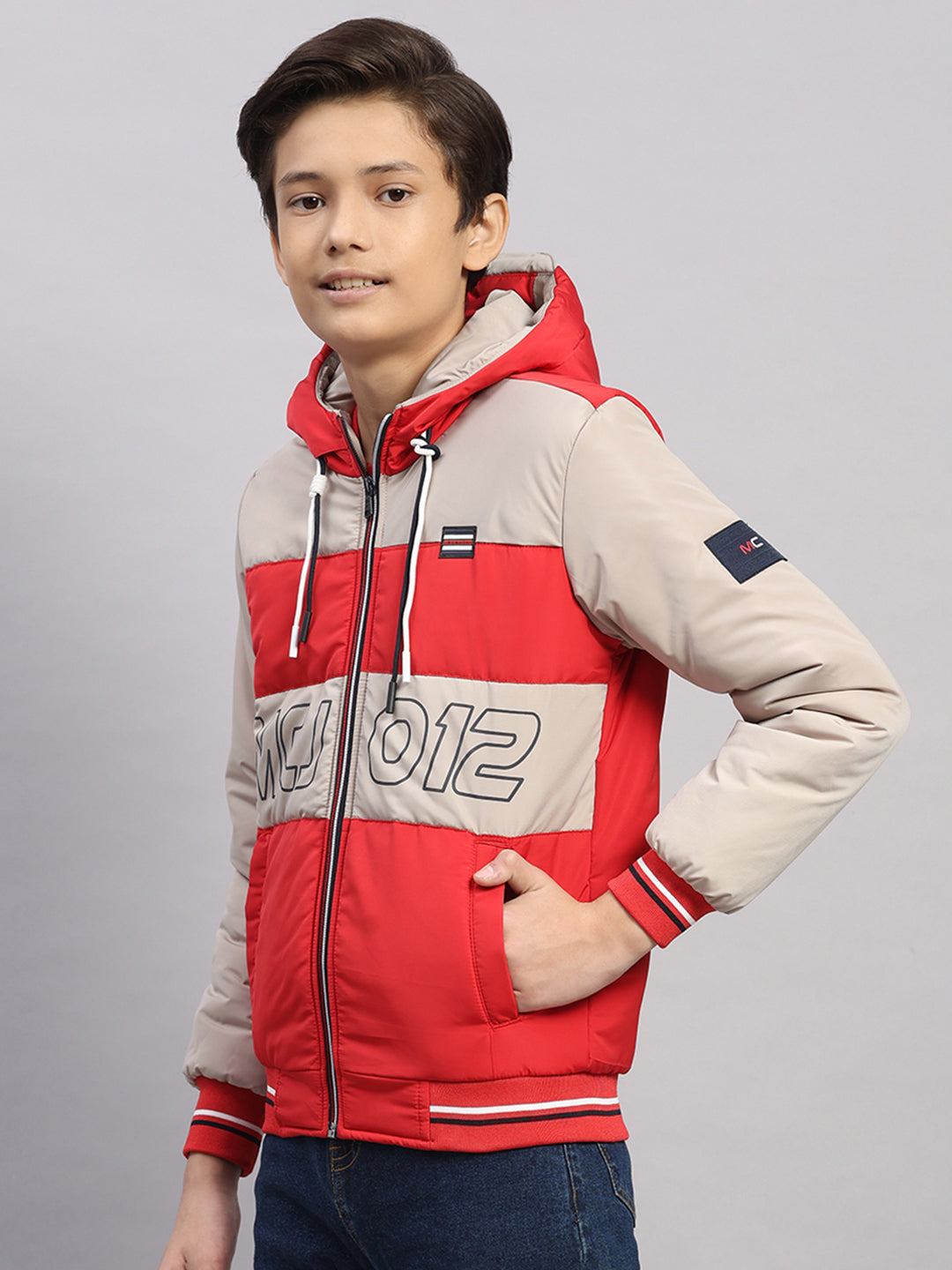 Boys Red Printed Hooded Full Sleeve Jacket