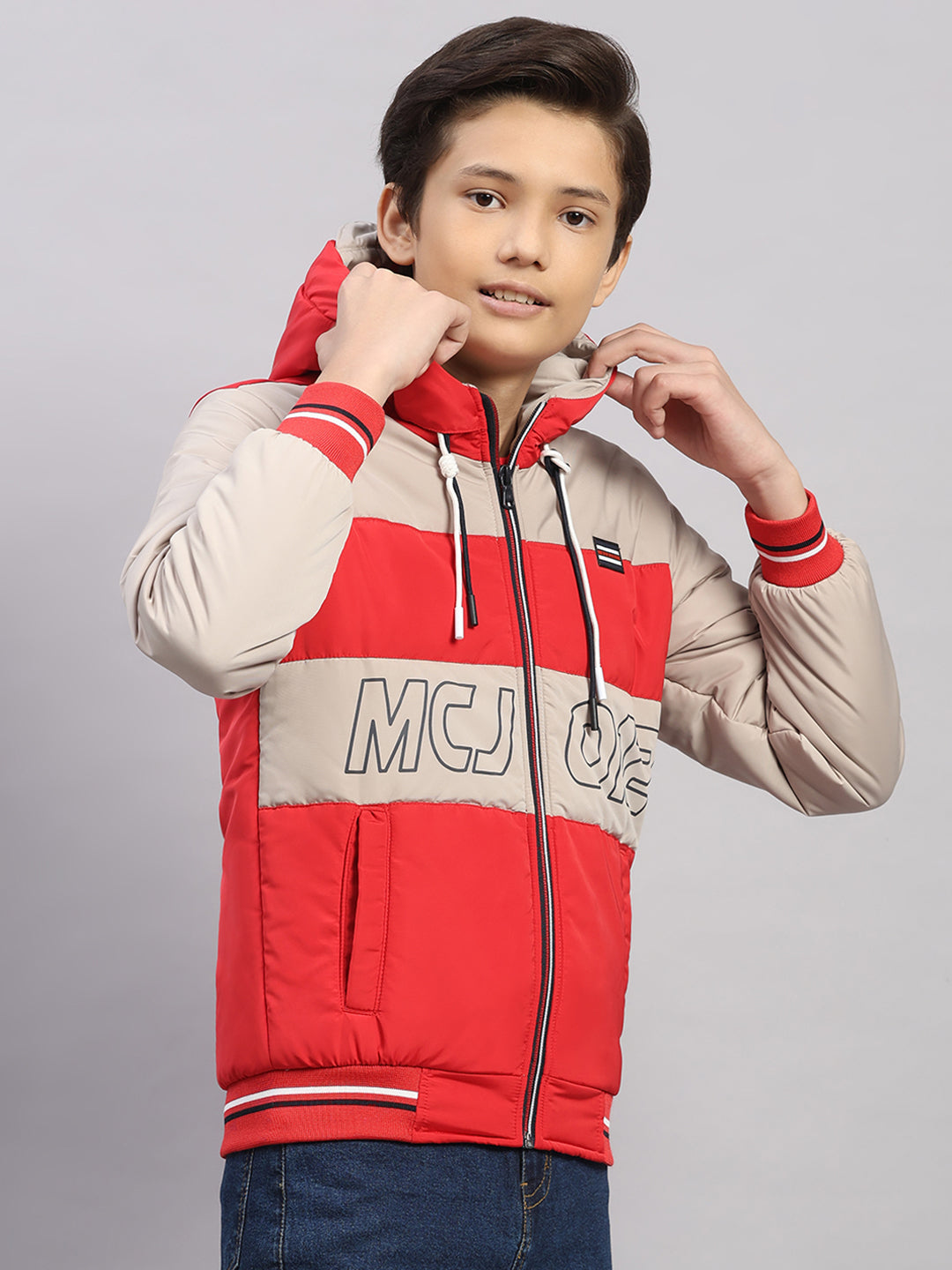 Boys Red Printed Hooded Full Sleeve Jacket