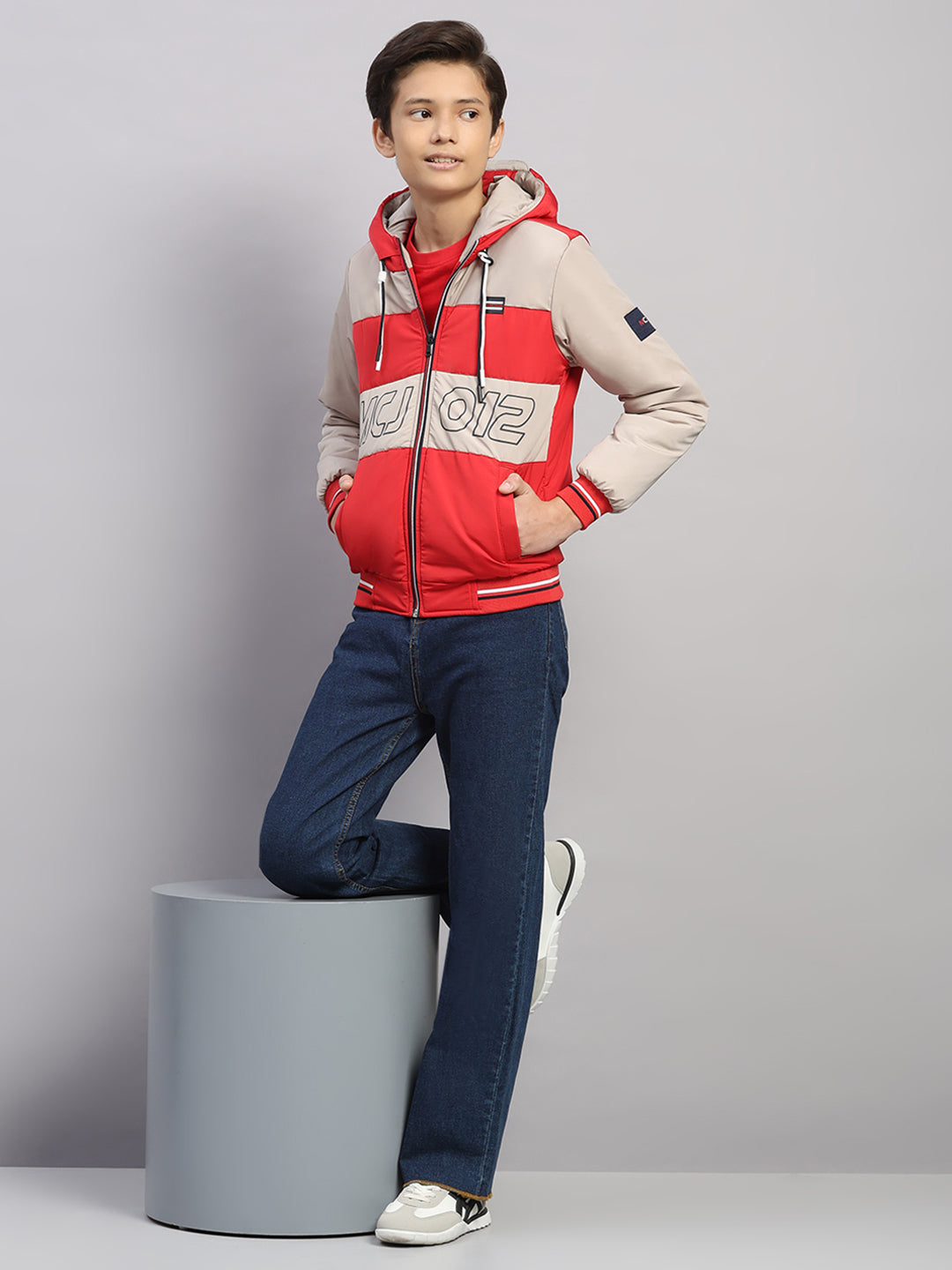 Boys Red Printed Hooded Full Sleeve Jacket